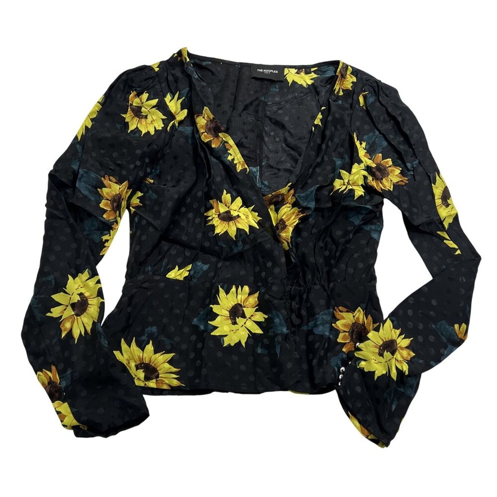 The Kooples Sunflower-Print Crossover Blouse in Black